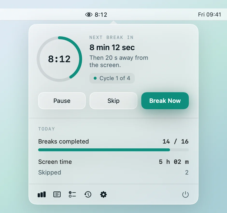The BlinkGuard status item in the macOS menu bar, with its panel open beneath it: a countdown ring at 8:12, Pause, Skip and Break Now, and today's tally.