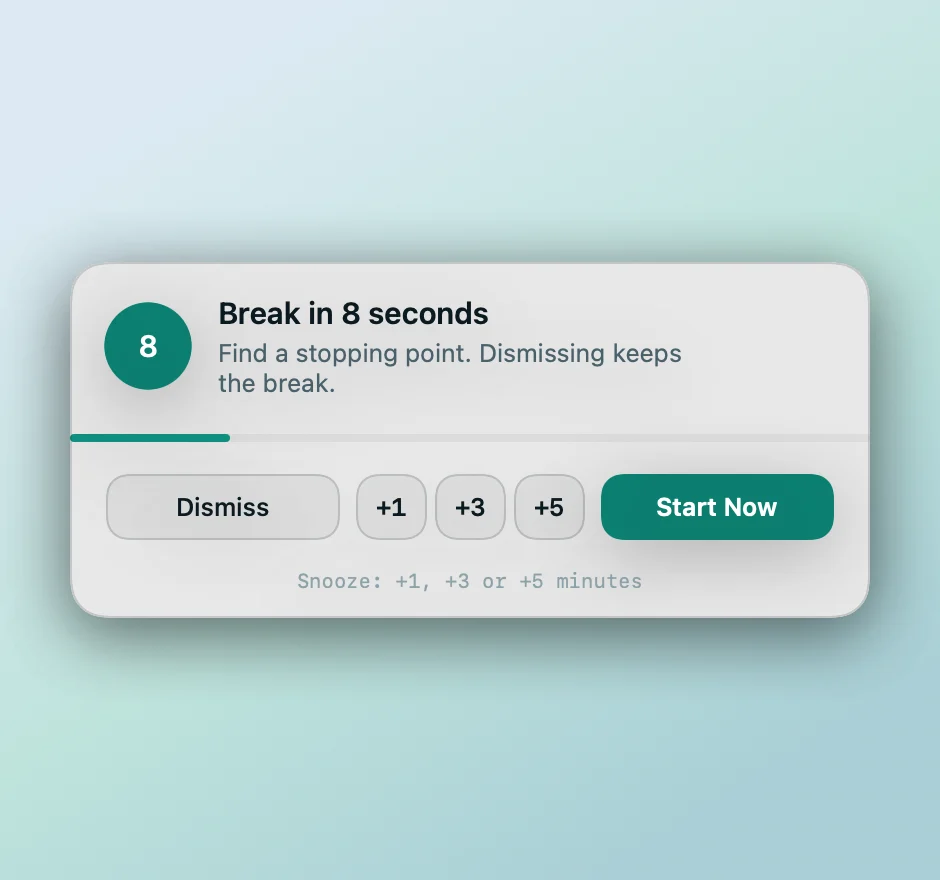 The warning panel floating over the desktop: eight seconds left, a draining progress bar, and buttons to dismiss, add one, three or five minutes, or start now.